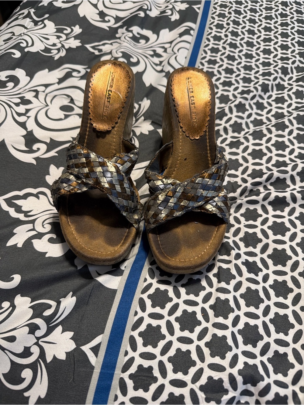 Leather Woven Slide Heels in Metallic Bronze and Gray - Women Shoes